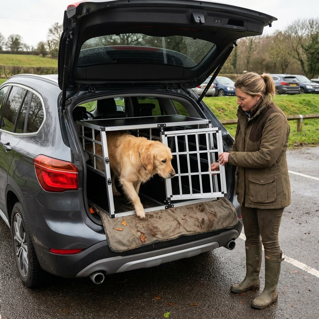 ScritchPets Aluminium Dog Car Crate XL in use