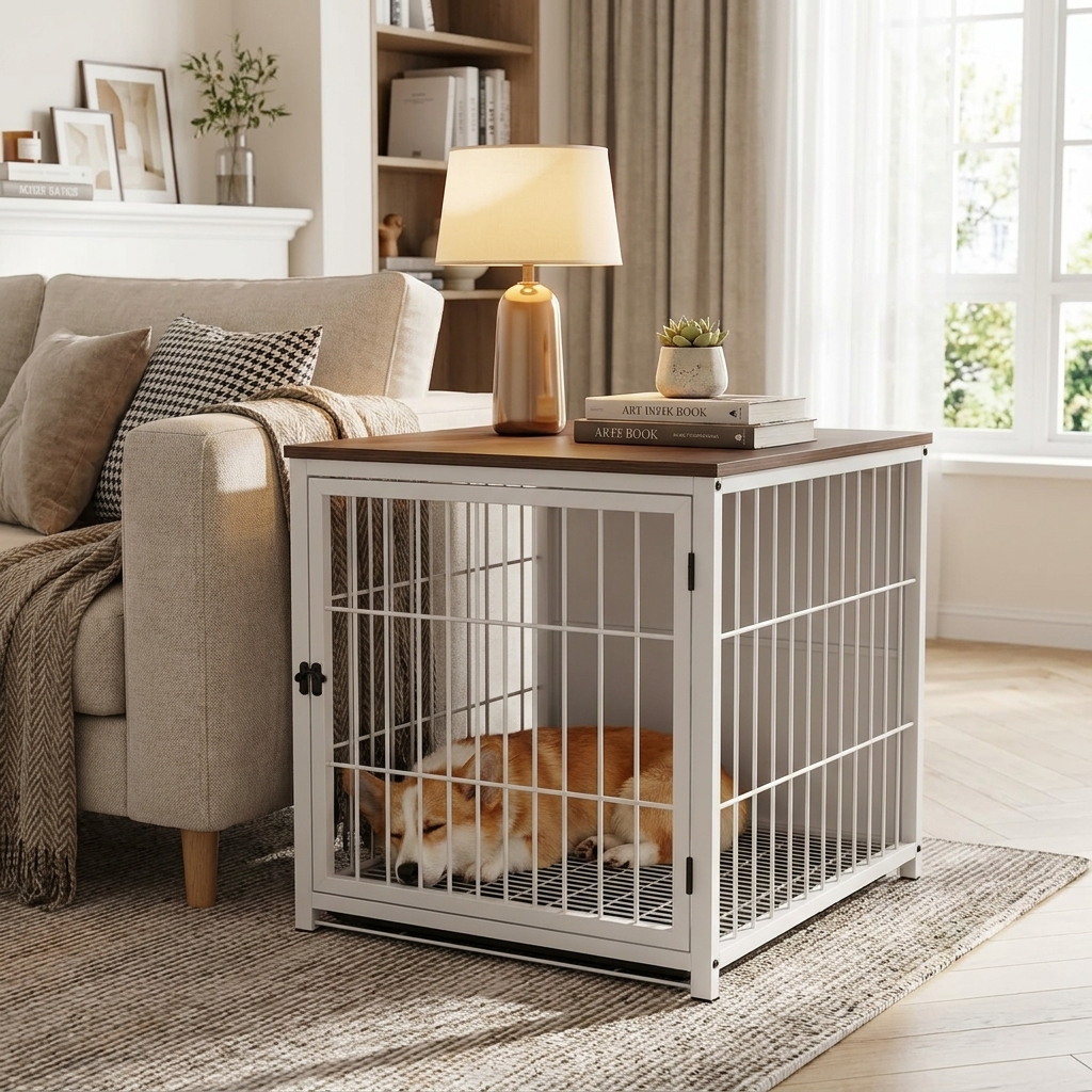 ScritchPets Wooden Dog Crate End Table Medium in use