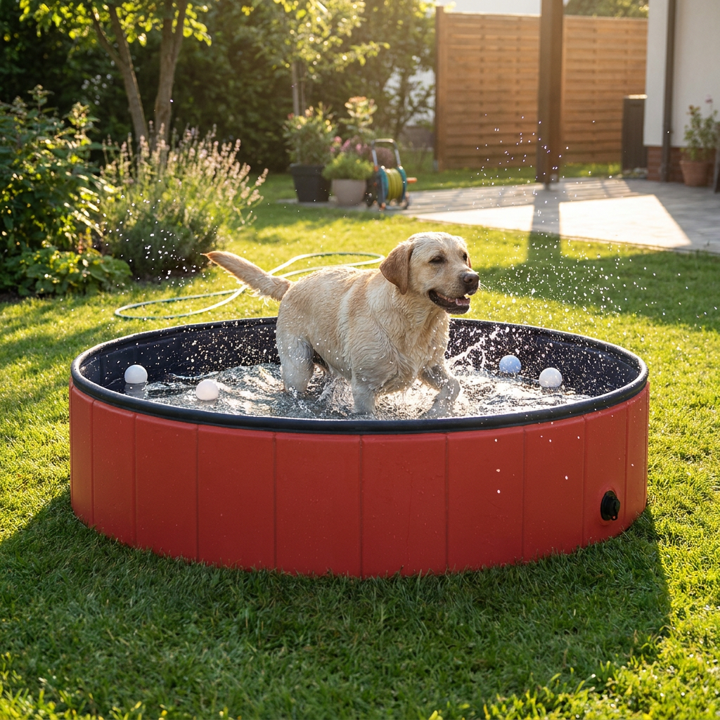 ScritchPets Foldable Dog Paddling Pool Red in use
