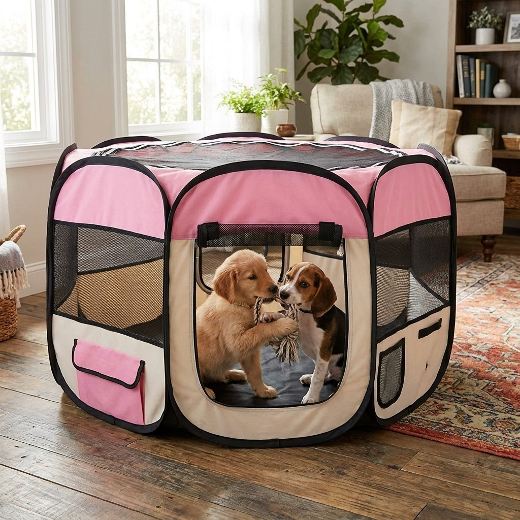ScritchPets Foldable Octagonal Dog Playpen Pink in use