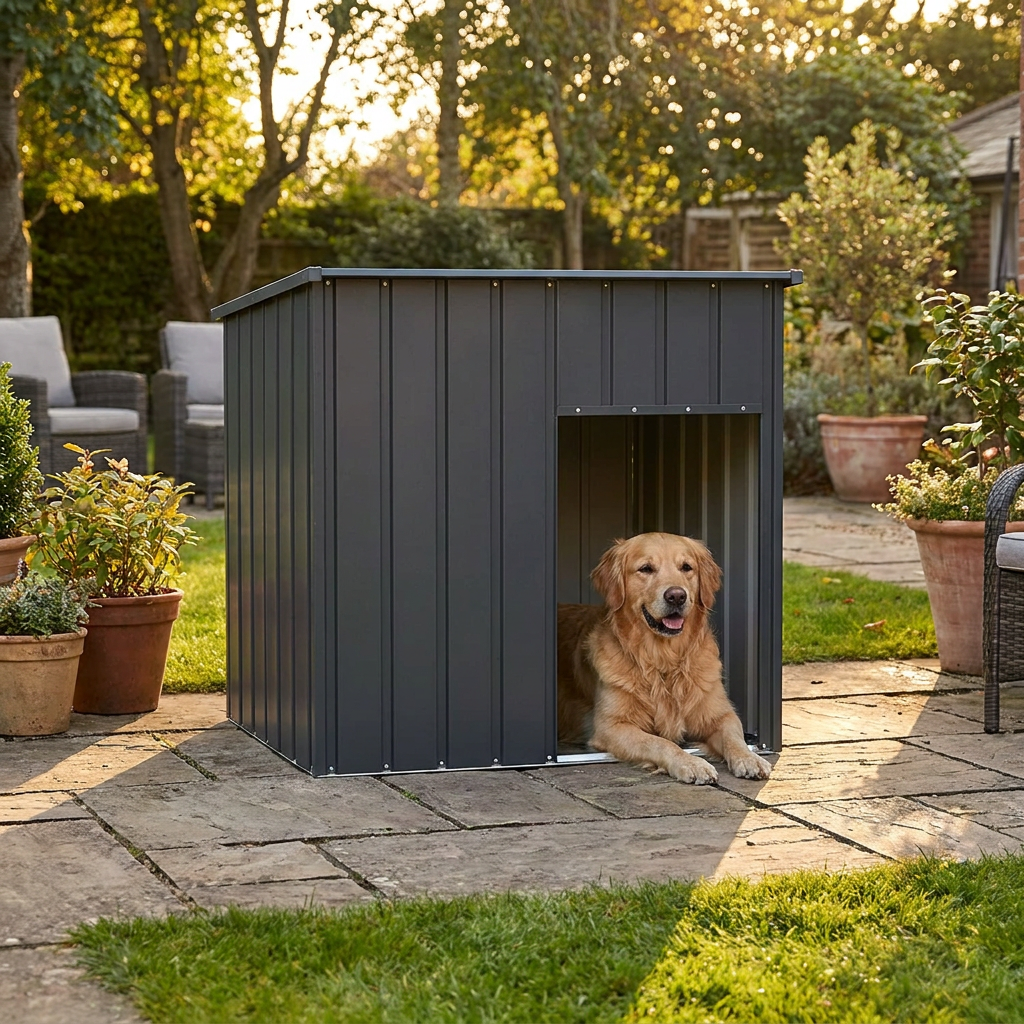 ScritchPets Galvanised Steel Dog House Anthracite in use