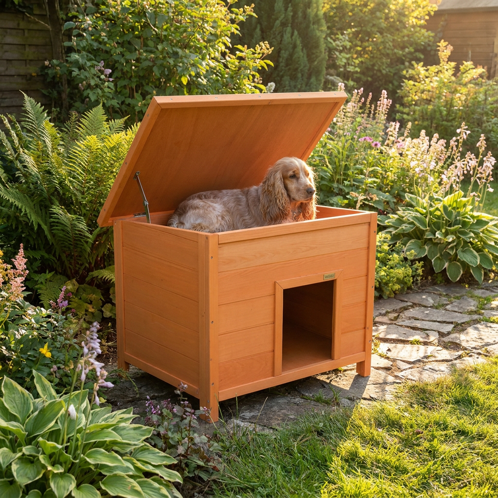 ScritchPets Elevated Wooden Outdoor Dog Kennel in use