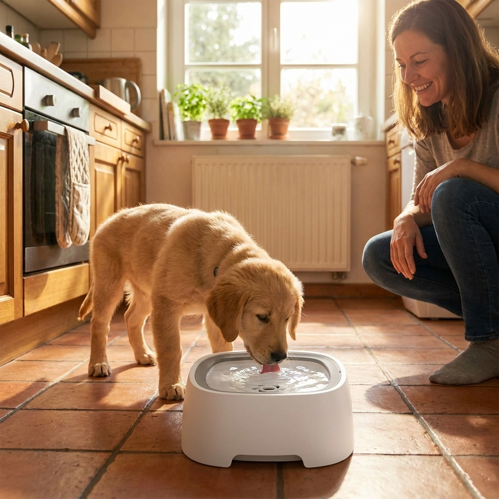 ScritchPets Anti Splash Floating Dog Water Bowl in use