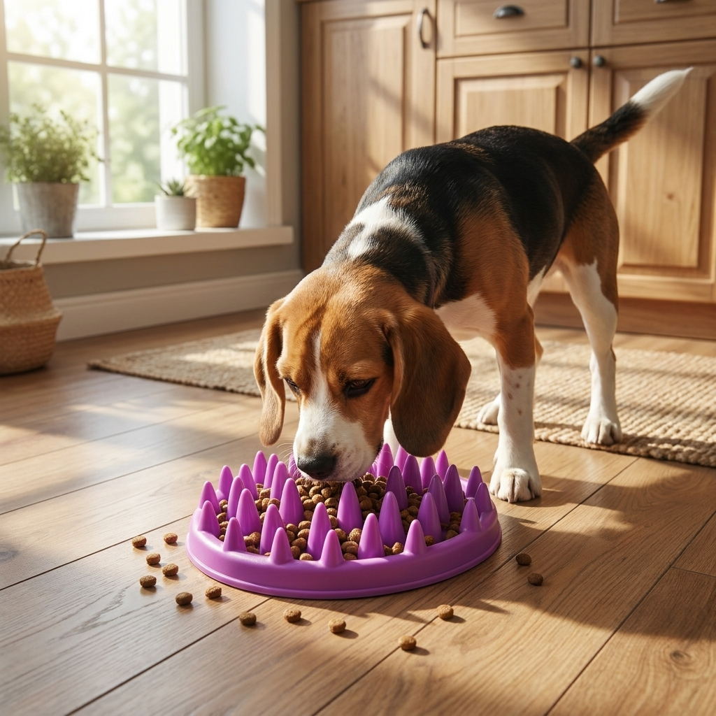 ScritchPets Slow Feeder Dog Bowl Purple in use