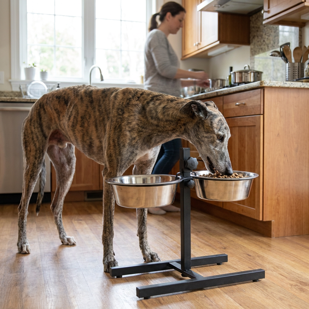 ScritchPets Adjustable Double Stainless Steel Feeder Stand in use