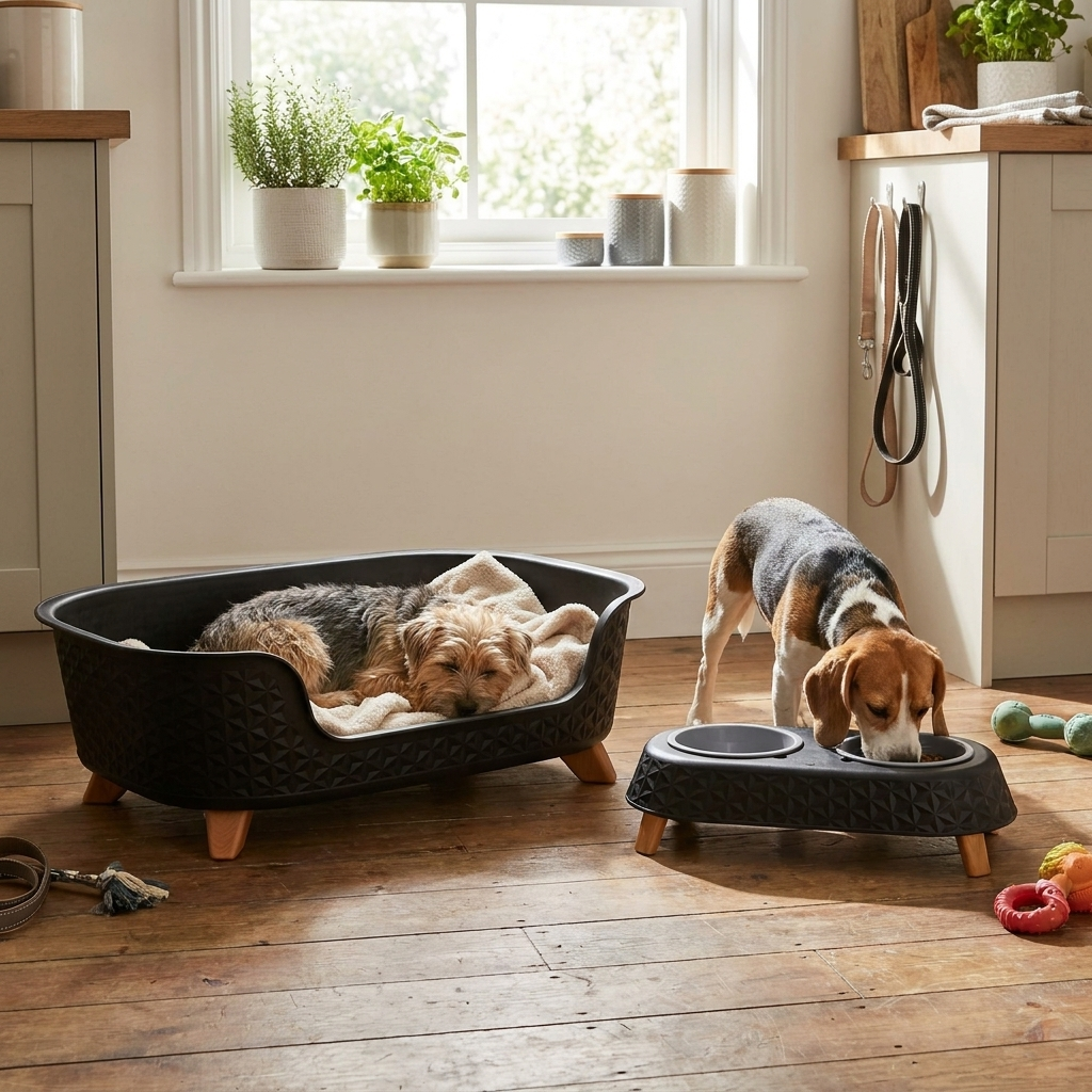 ScritchPets Raised Pet Basket and Double Bowl Feeder Set in use