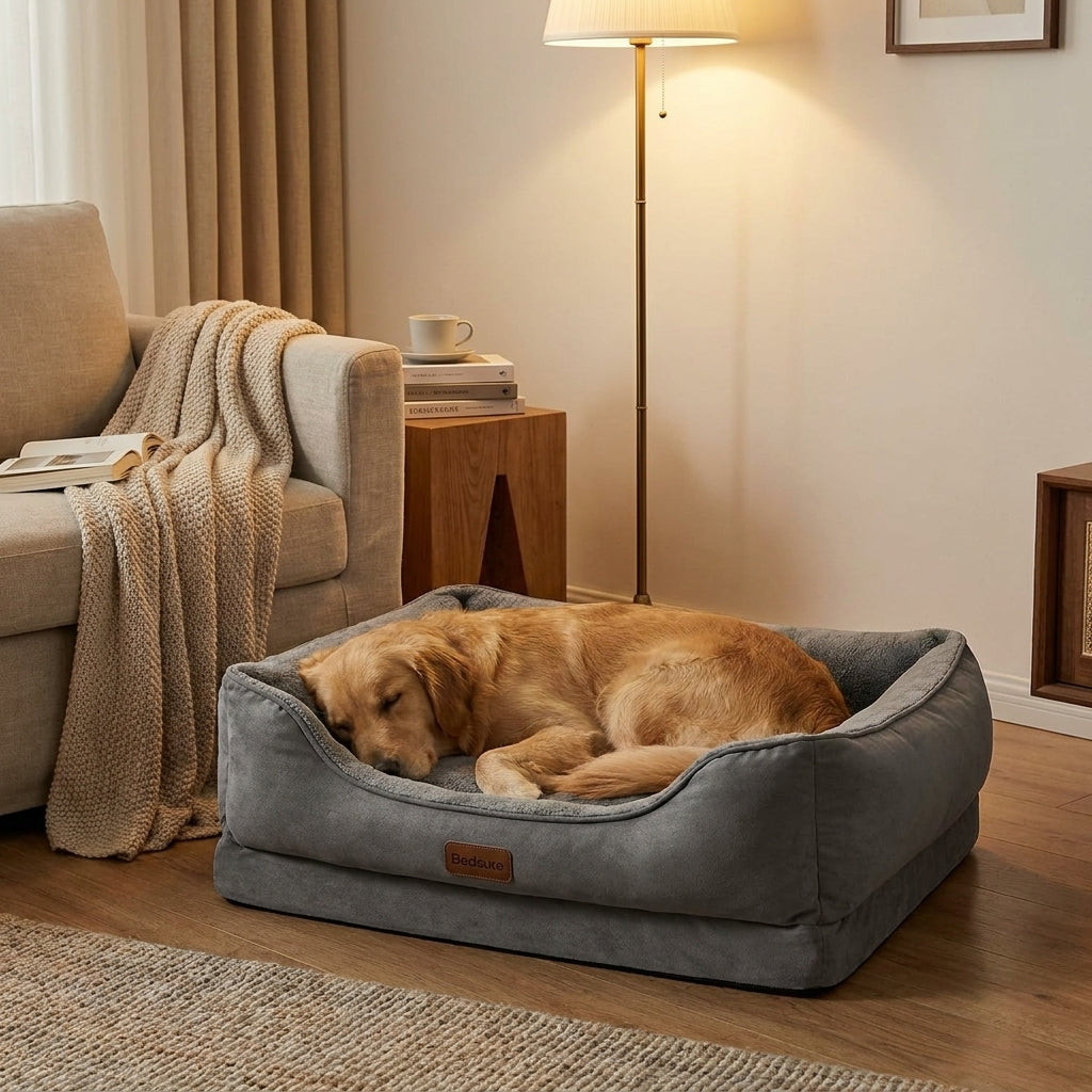 ScritchPets Traditional Cuddler Dog Bed Couch Grey M in use