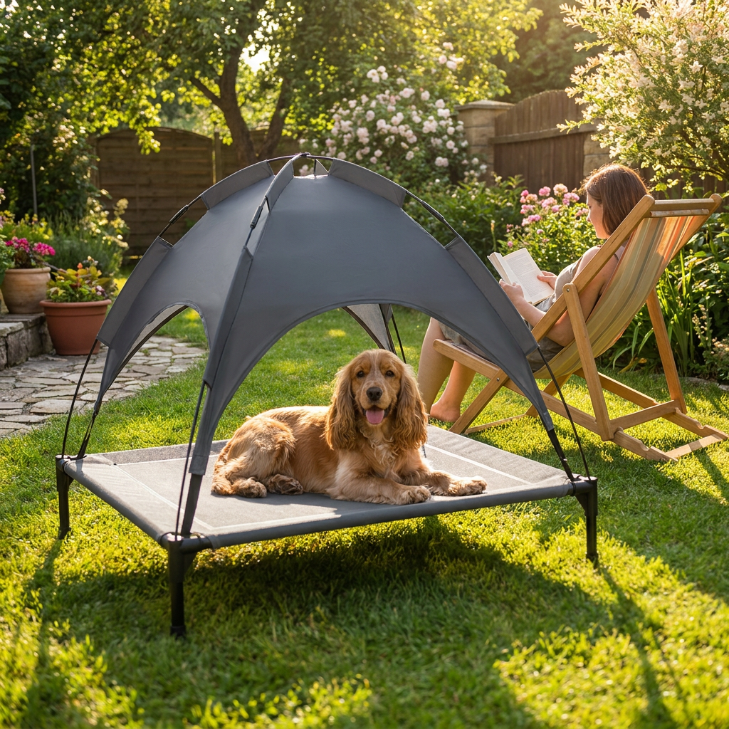 ScritchPets Elevated Dog Cot with Removable Canopy L in use