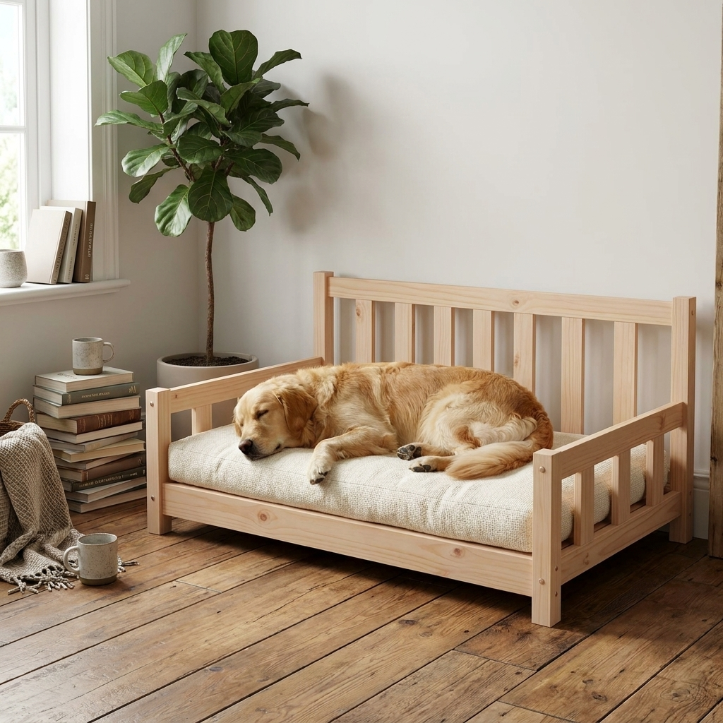 ScritchPets Solid Pine Wood Dog Bed Frame in use