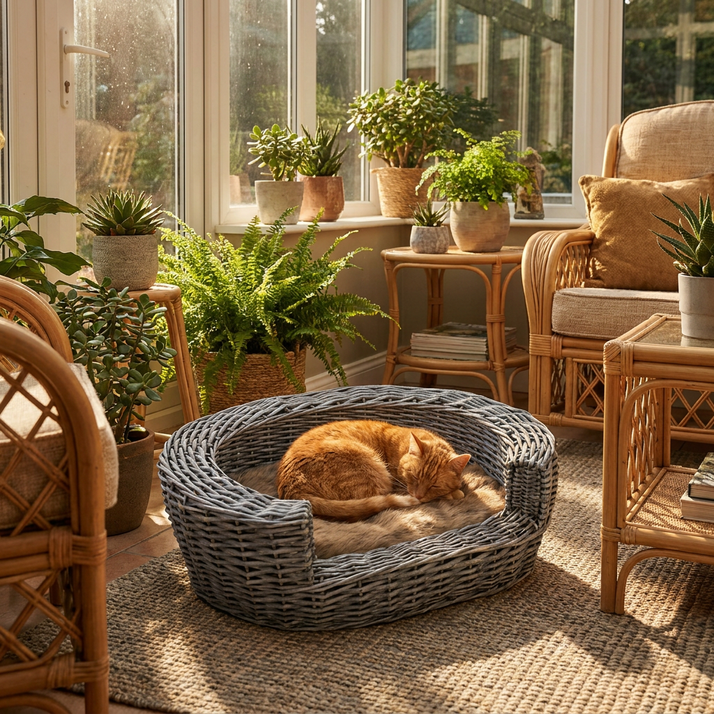 ScritchPets Elevated Rattan Pet Basket Sofa with Cushion in use