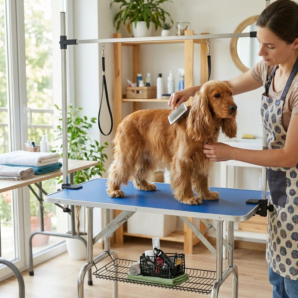 ScritchPets Adjustable Dog Grooming Table Blue in use