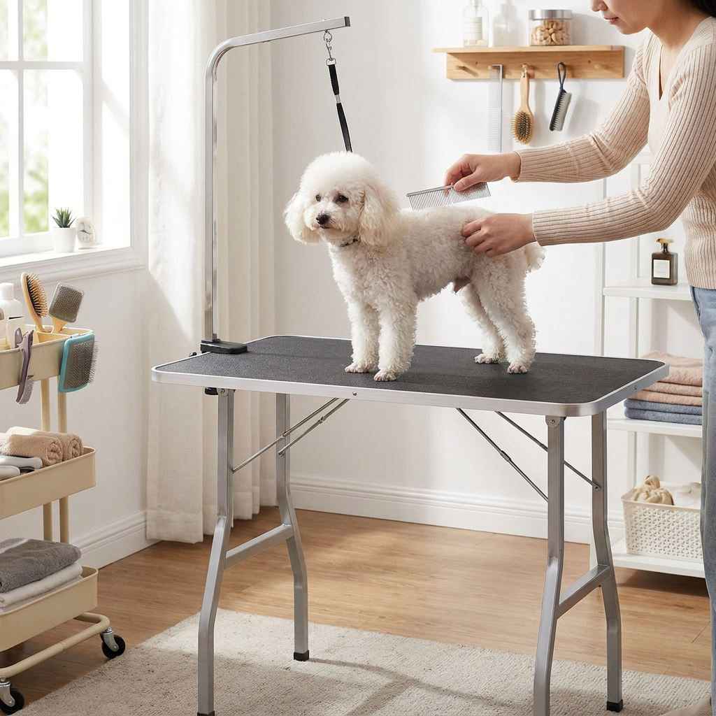 ScritchPets Adjustable Dog Grooming Table with Safety Loop in use
