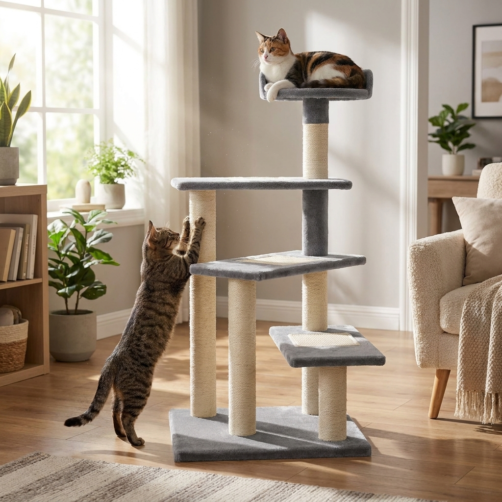 ScritchPets Cat Tree Climbing Tower Scratcher Grey in use