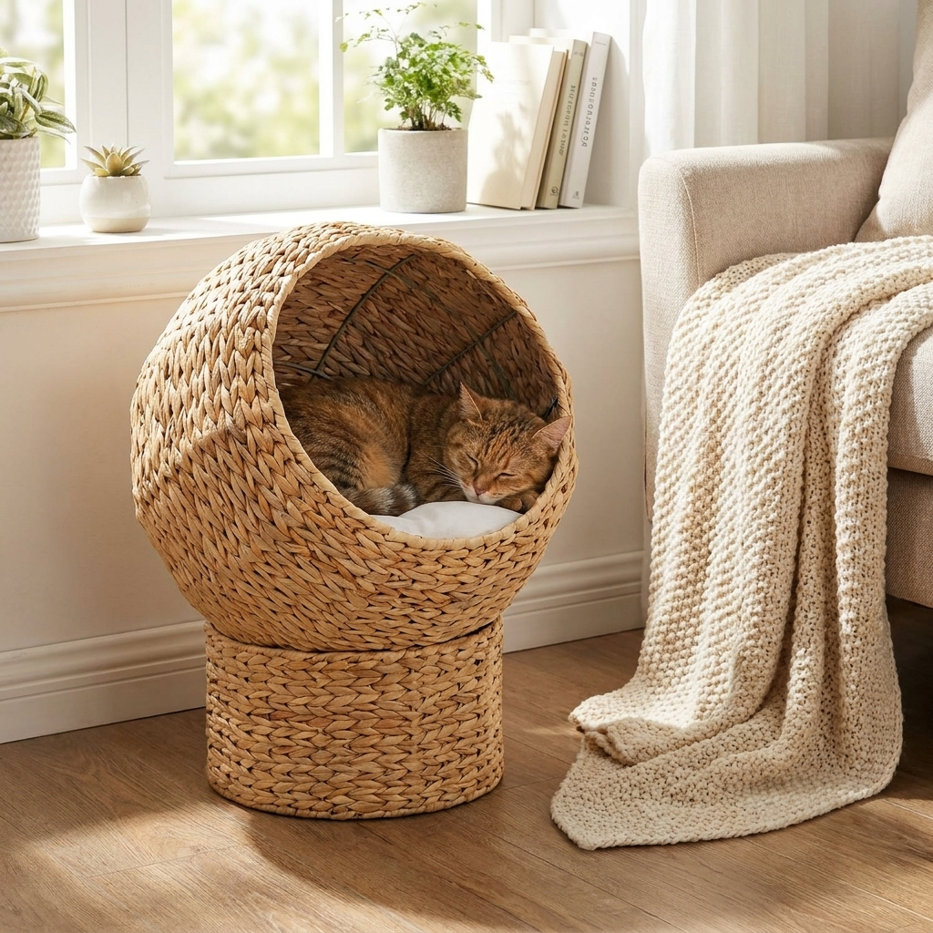 ScritchPets Woven Seagrass Cat Basket in use