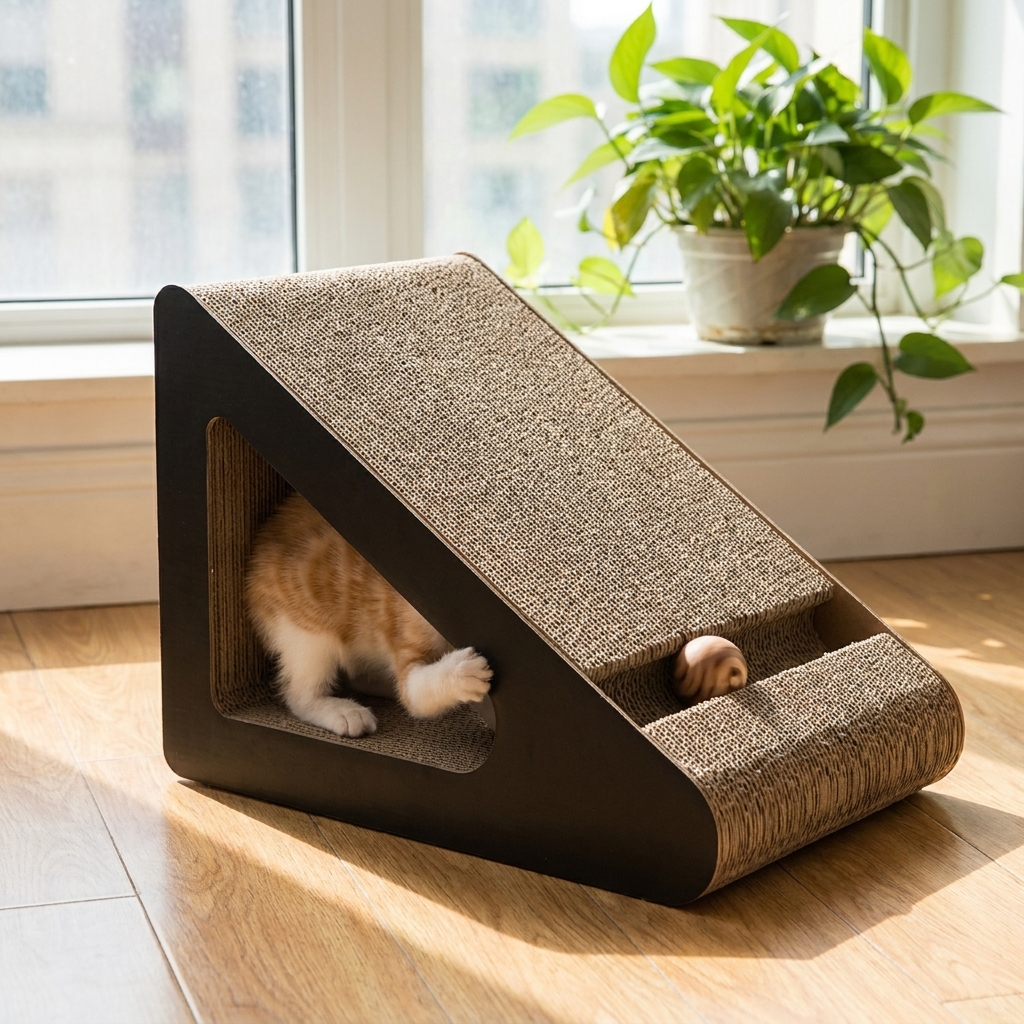 ScritchPets Cat Scratching Board with Tunnel and Toy Ball in use