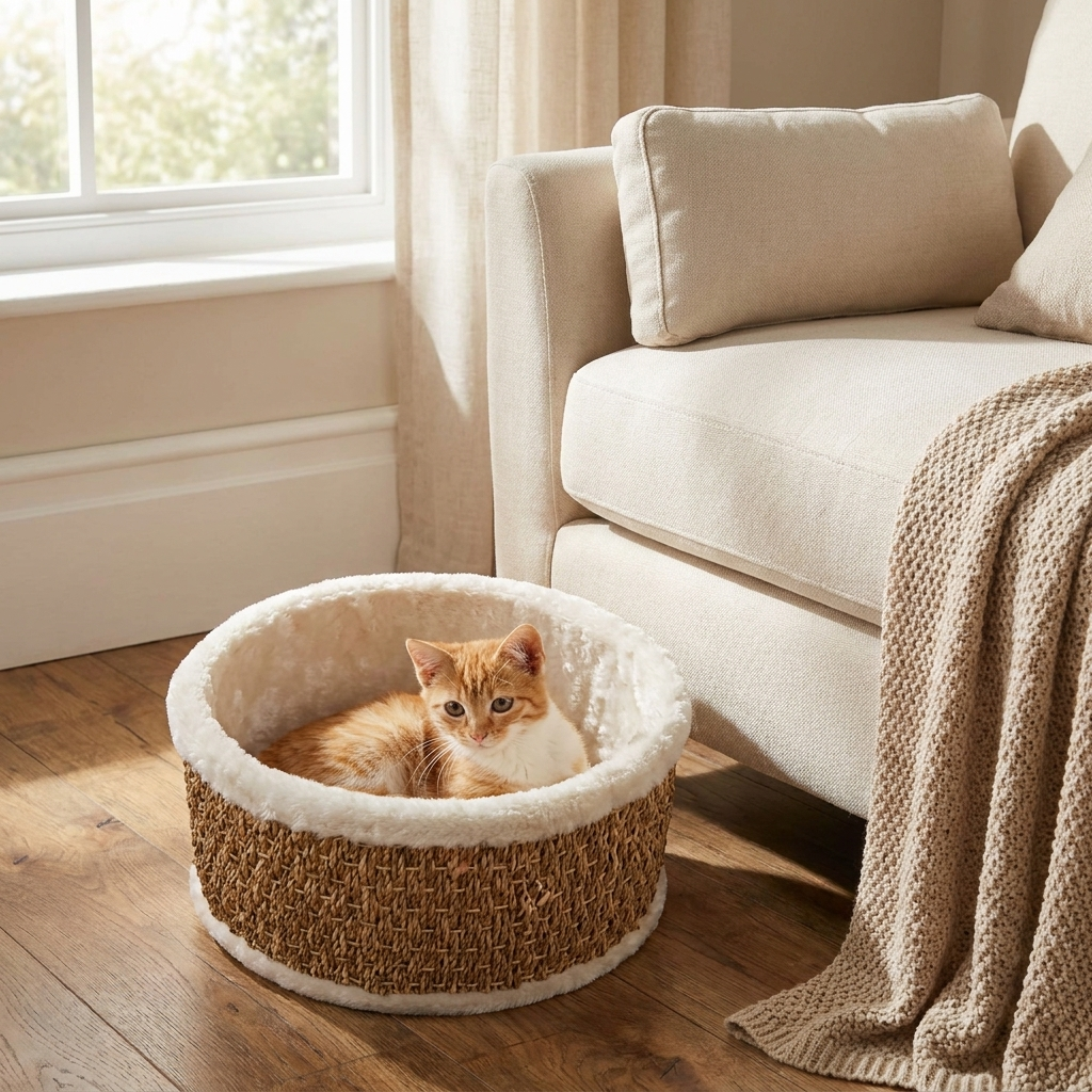 ScritchPets Round Seagrass Cat Basket 36cm in use
