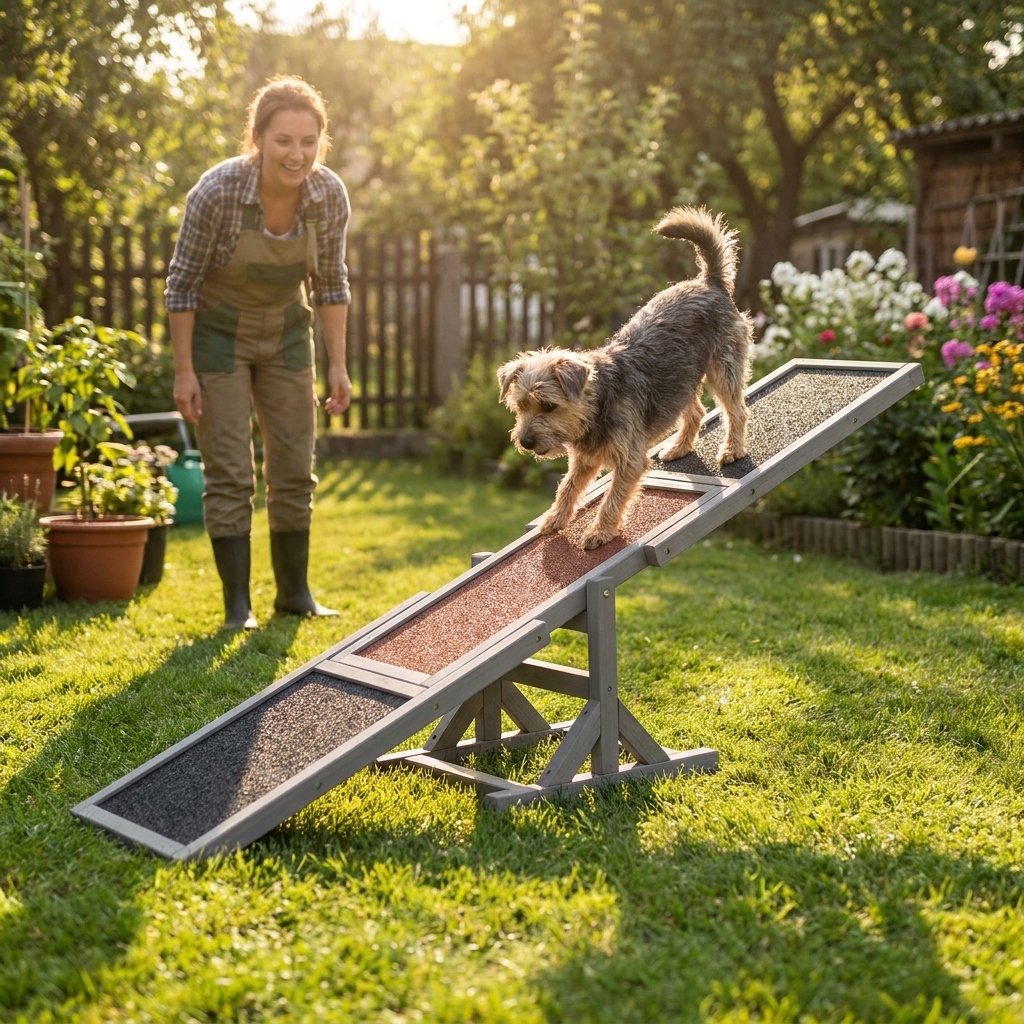ScritchPets Fir Wood Pet Seesaw in use