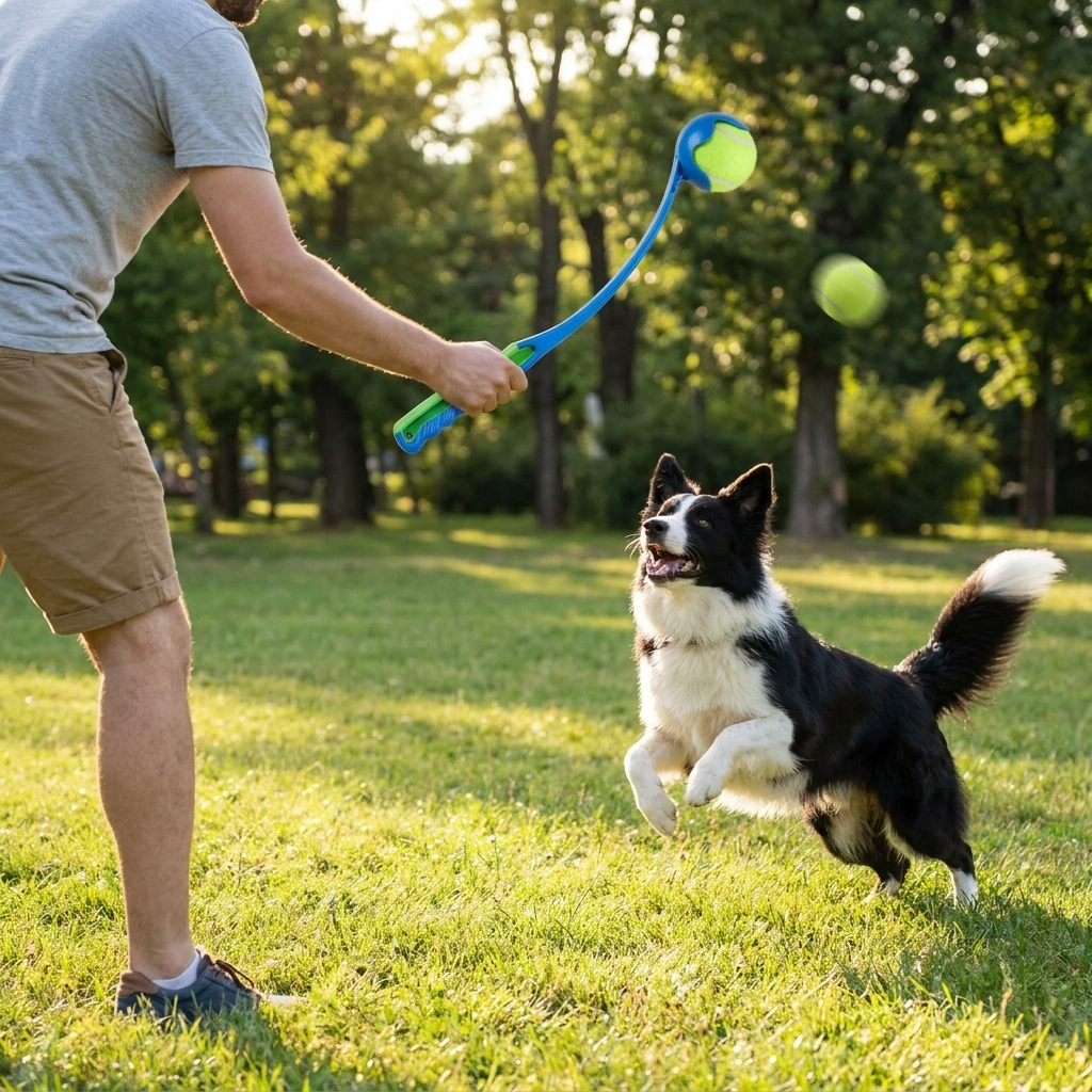 ScritchPets Dog Ball Thrower Set in use