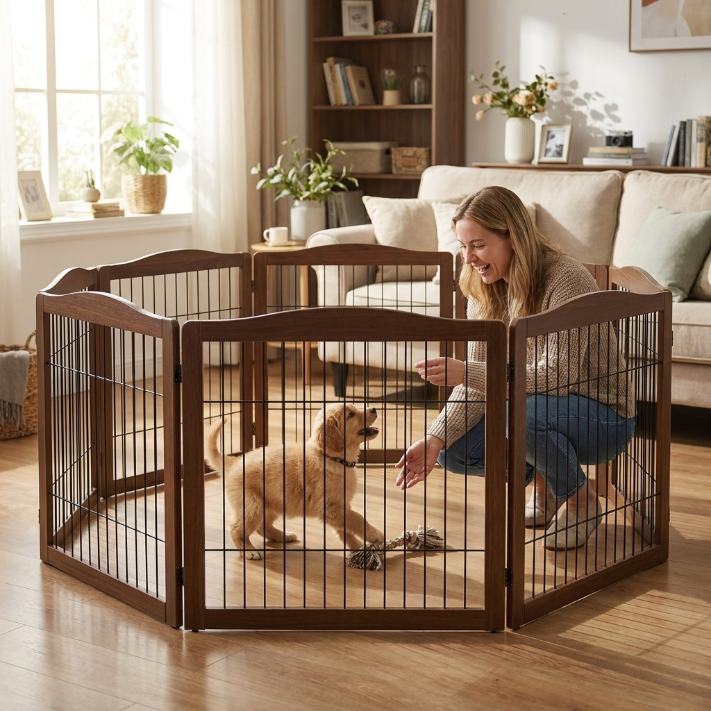 ScritchPets Expandable Timber Pet Playpen 6 Piece Set in use