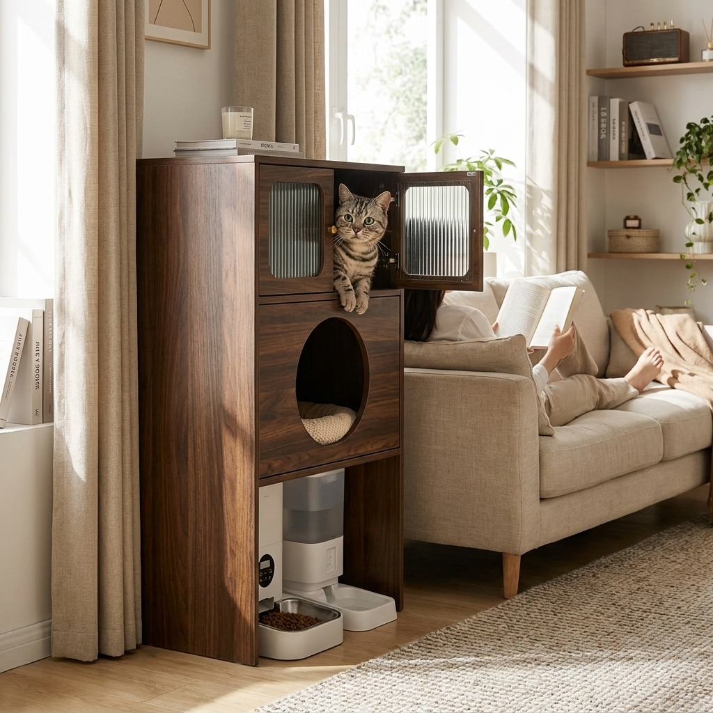 ScritchPets Cat Nest Storage Cabinet in use