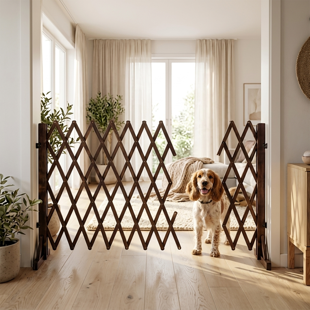 ScritchPets Retractable Wooden Pet Gate Freestanding in use