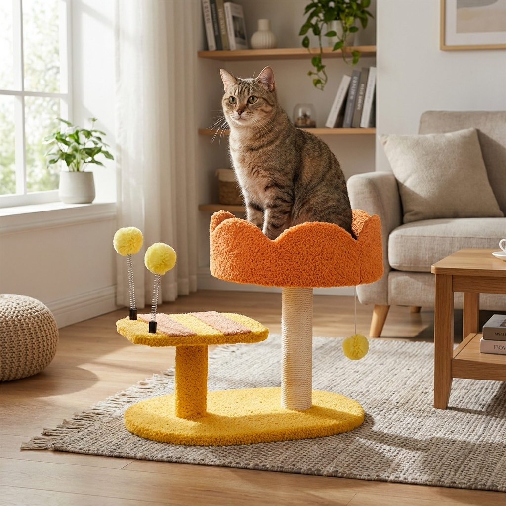 ScritchPets Compact Cat Perch Station Honeybee in use