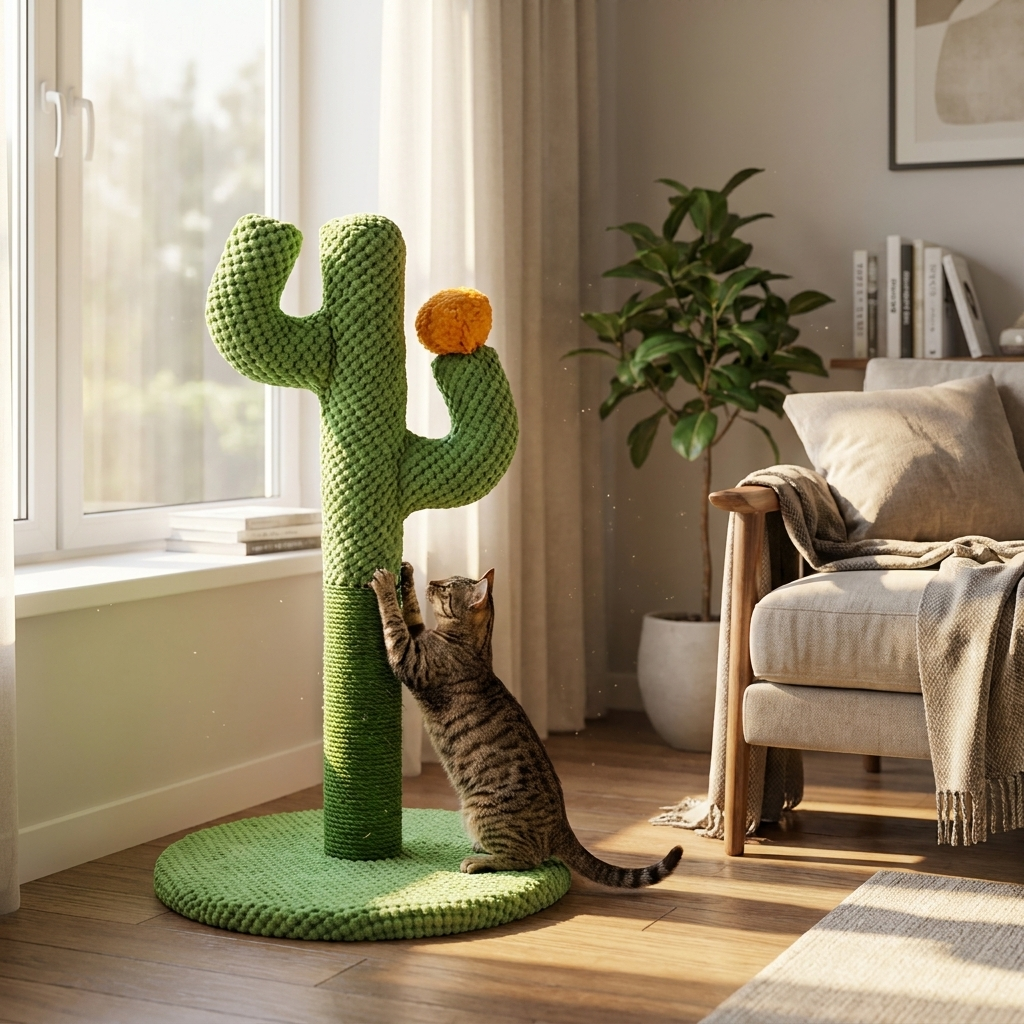 ScritchPets Natural Sisal Cat Scratching Post in use