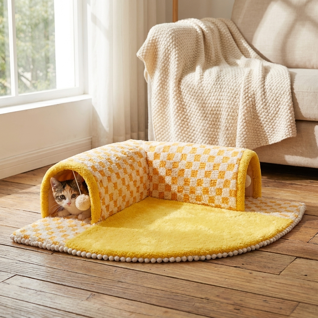 ScritchPets Checkered Cat Tunnel Bed 2 in 1 in use