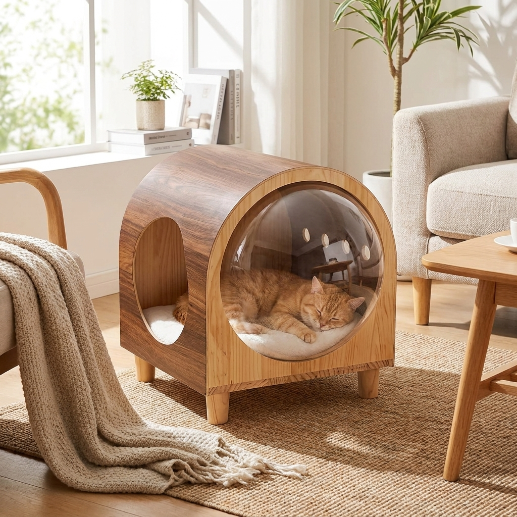 ScritchPets Wooden Space Capsule Cat Bed with Cushion in use