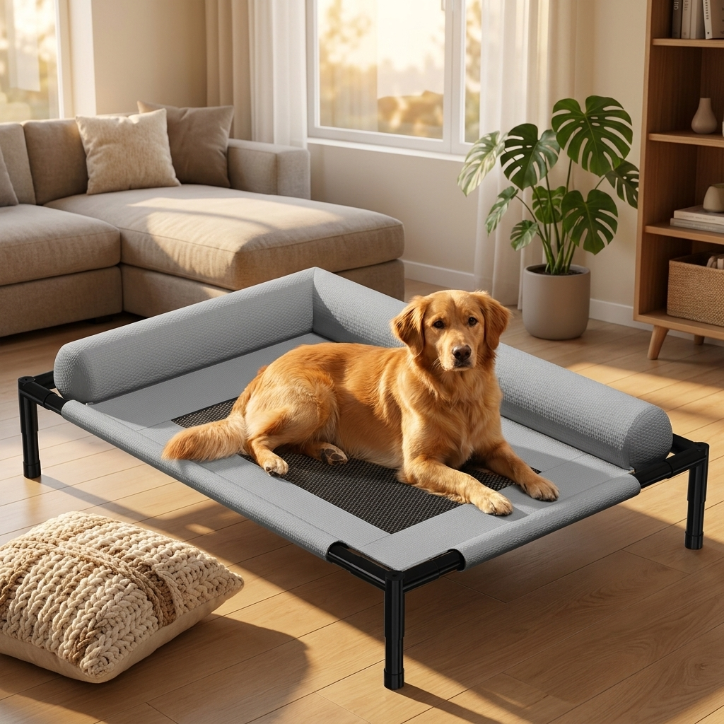ScritchPets Raised Dog Sofa Bed with Bolster in use