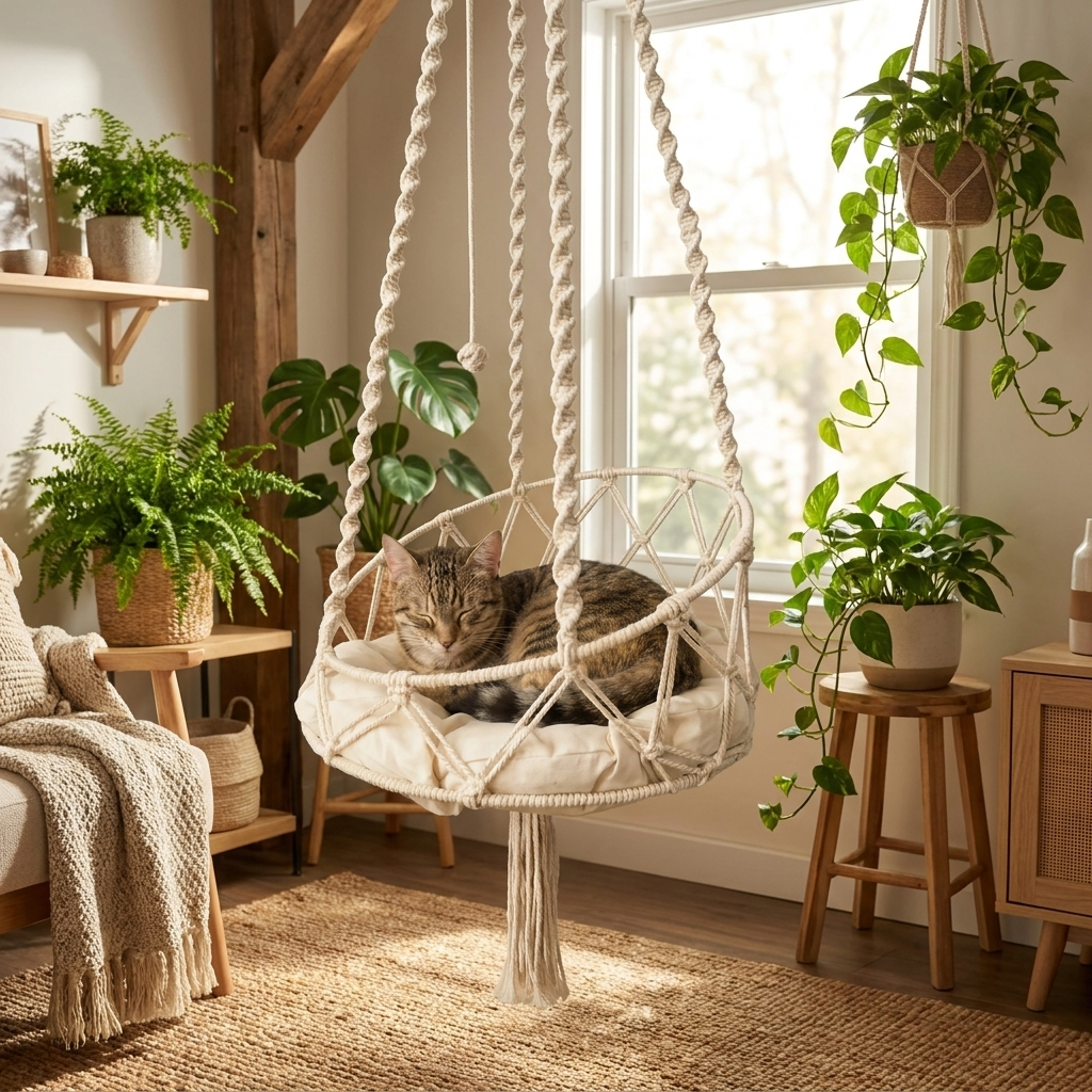 ScritchPets Macrame Hanging Cat Hammock with Cushion in use