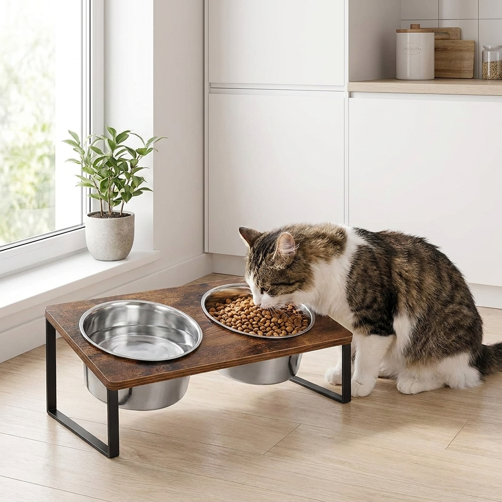 ScritchPets Wood and Iron Pet Feeding Rack with Bowls in use