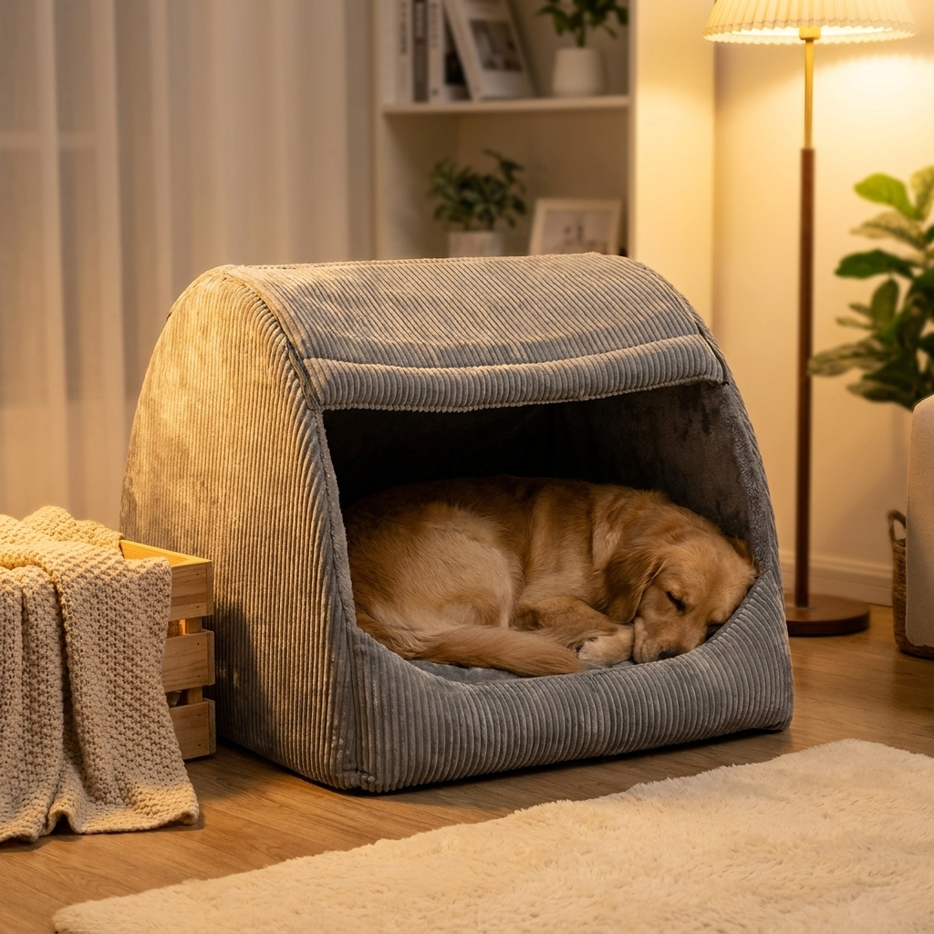 ScritchPets Warm Flannel Semi Enclosed Dog Tent Bed in use