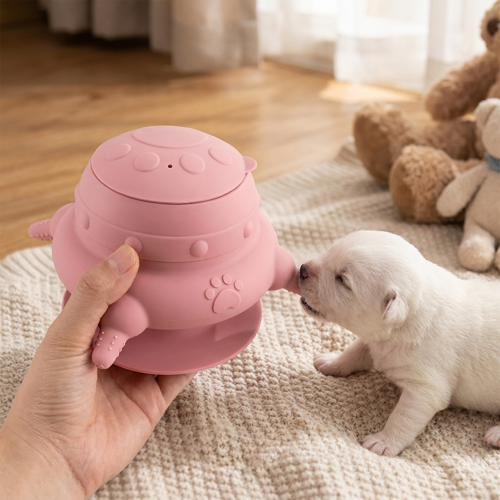 ScritchPets Silicone Puppy Feeder Bottle in use