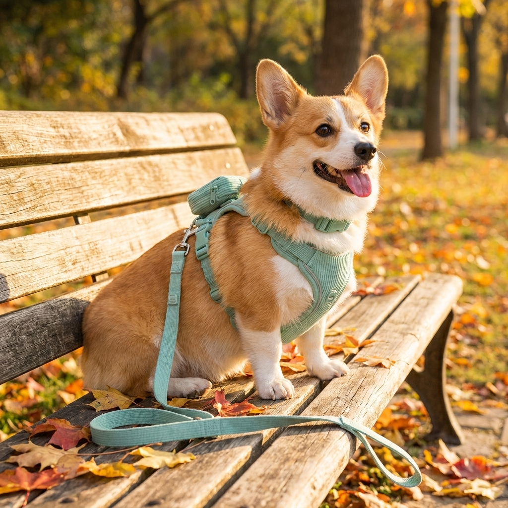 ScritchPets 5 Piece Corduroy Dog Harness and Lead Set in use