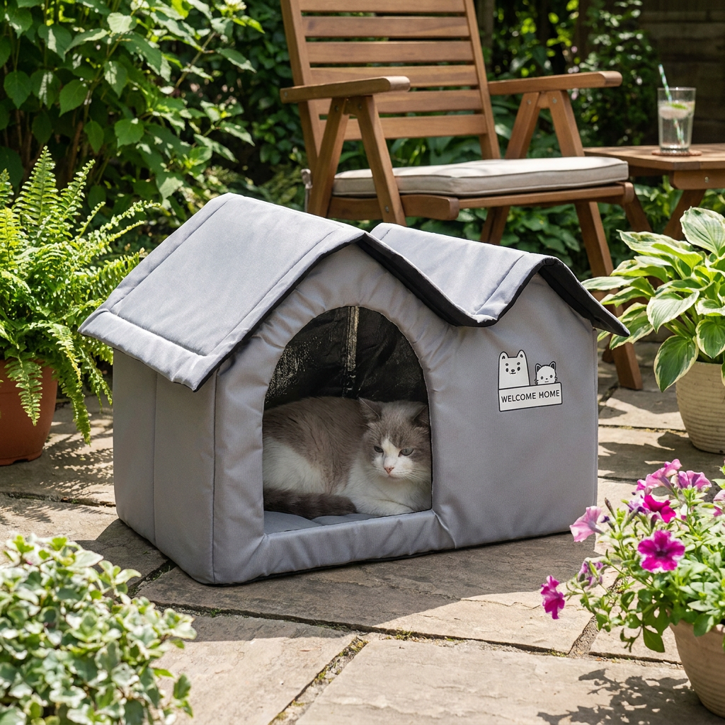 ScritchPets Feline Lodge Summer Cooling Cat House in use