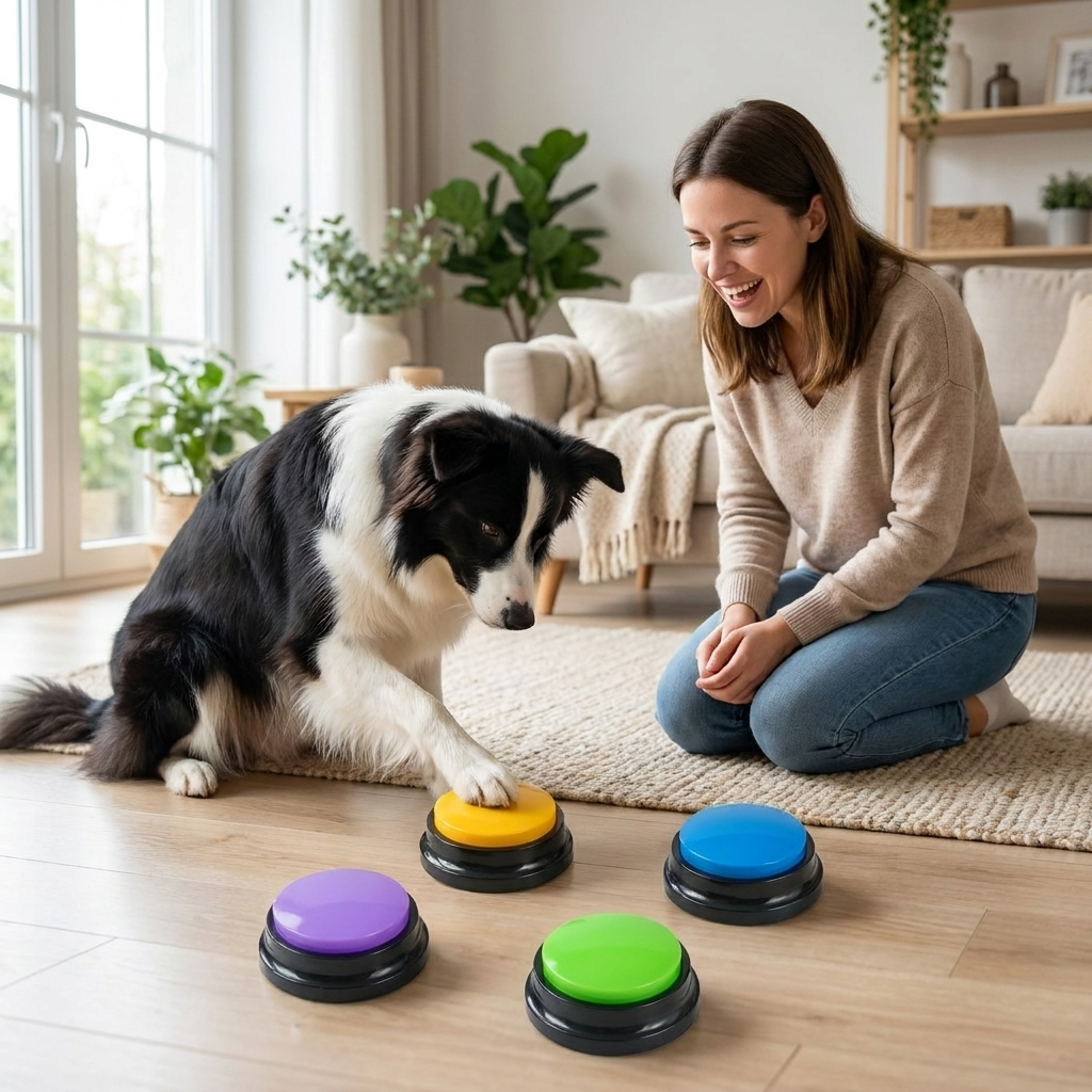 ScritchPets PupSpeak Talking Dog Button Set in use