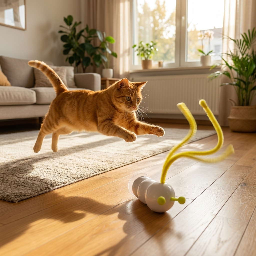 Cat chasing the ScritchPets Whirlie wiggle toy at home