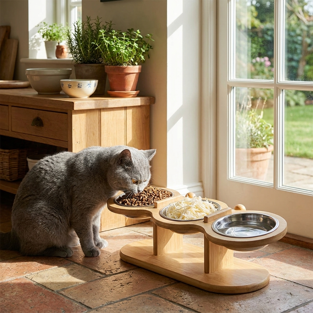 ScritchPets Tilted Cat Bowls with Wooden Stand