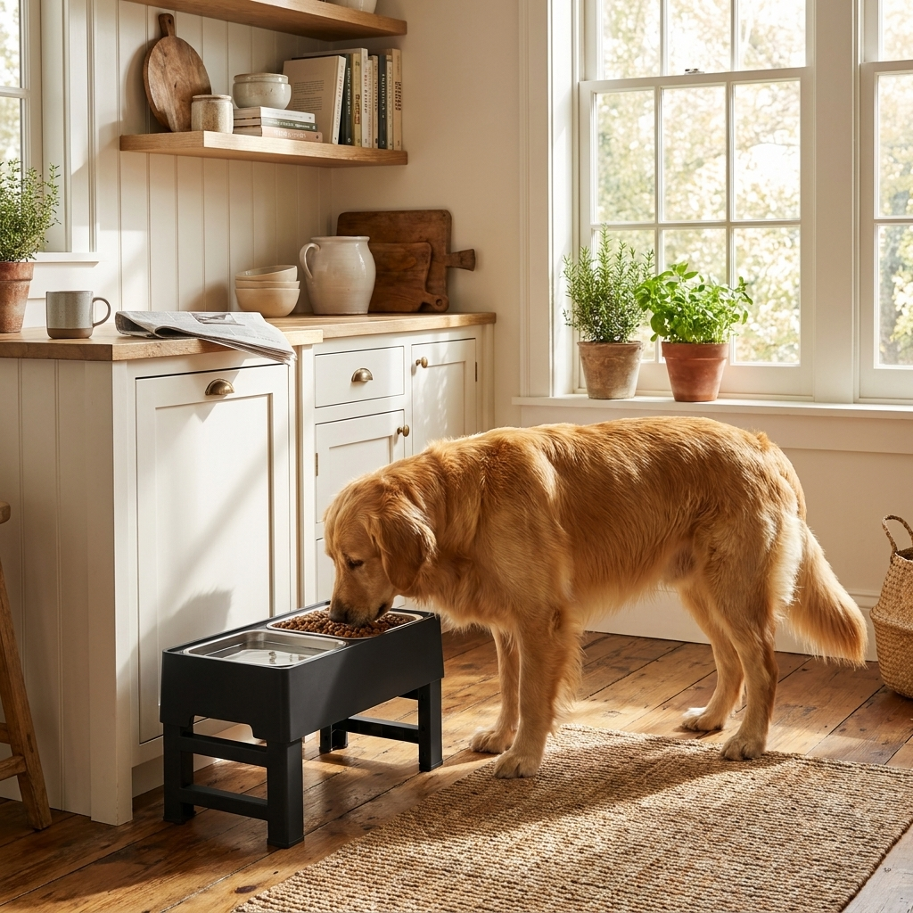 ScritchPets Adjustable Raised Dog Bowl in use