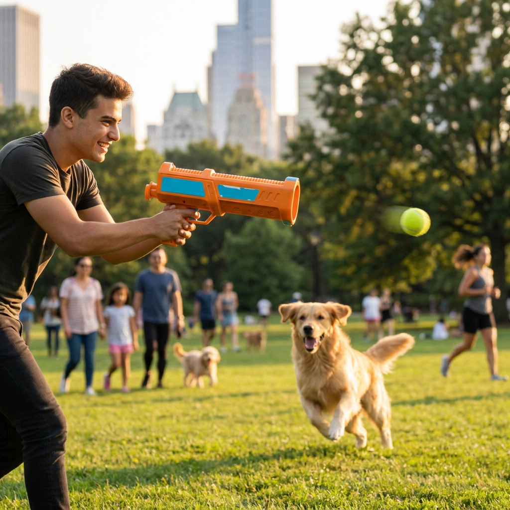 ScritchPets Long Range Tennis Ball Launcher in use