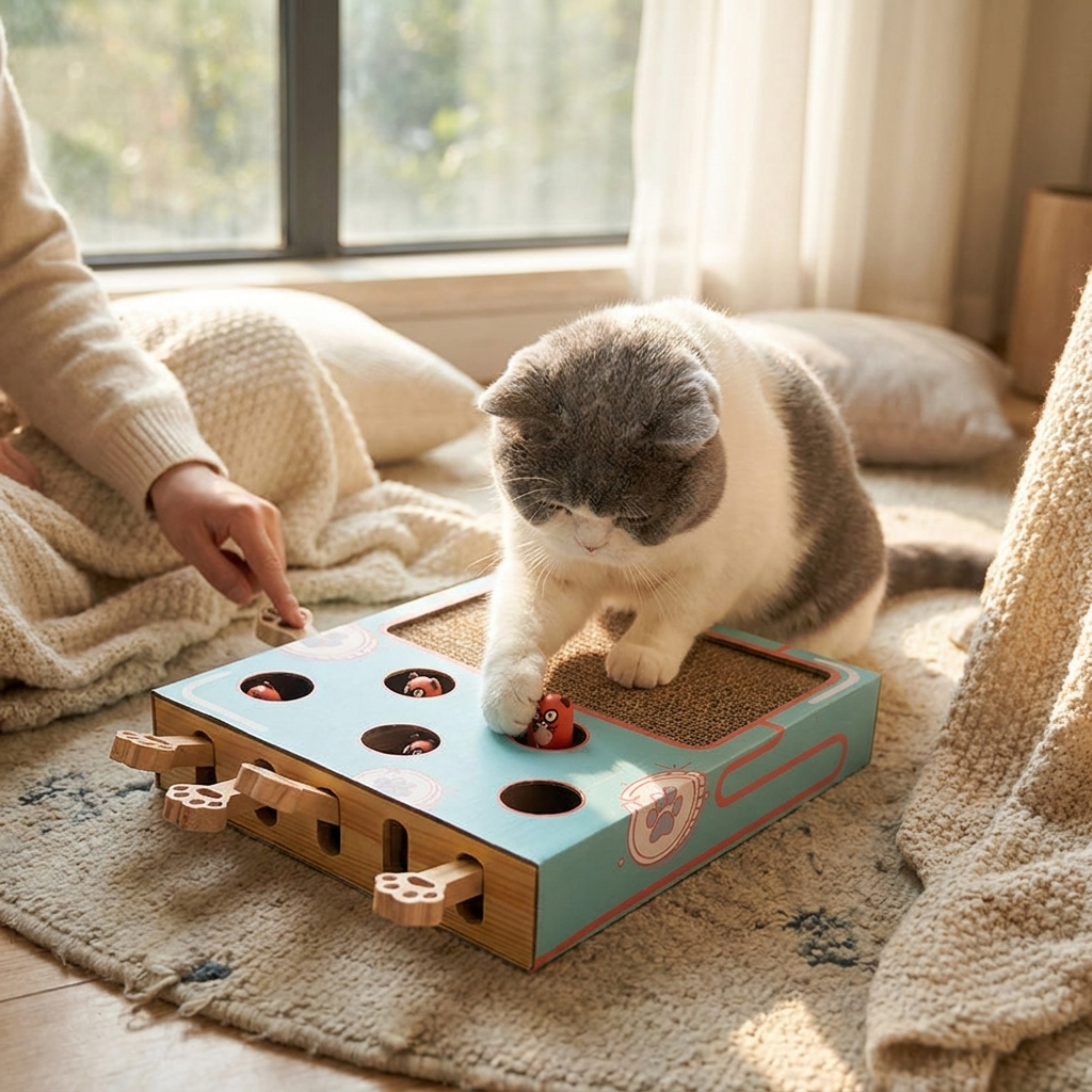 ScritchPets Peek a Boo Multibox Cat Toy in use