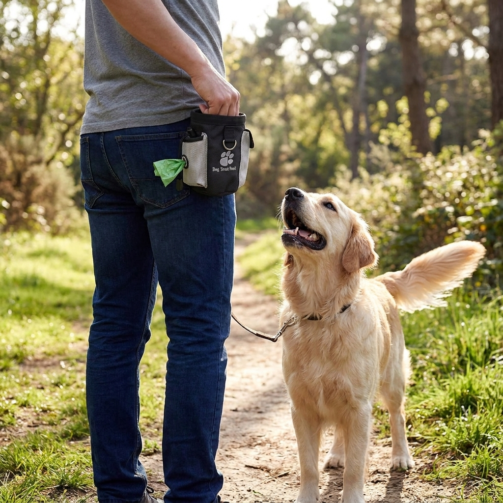 ScritchPets Portable Dog Treat Pouch worn on a walk