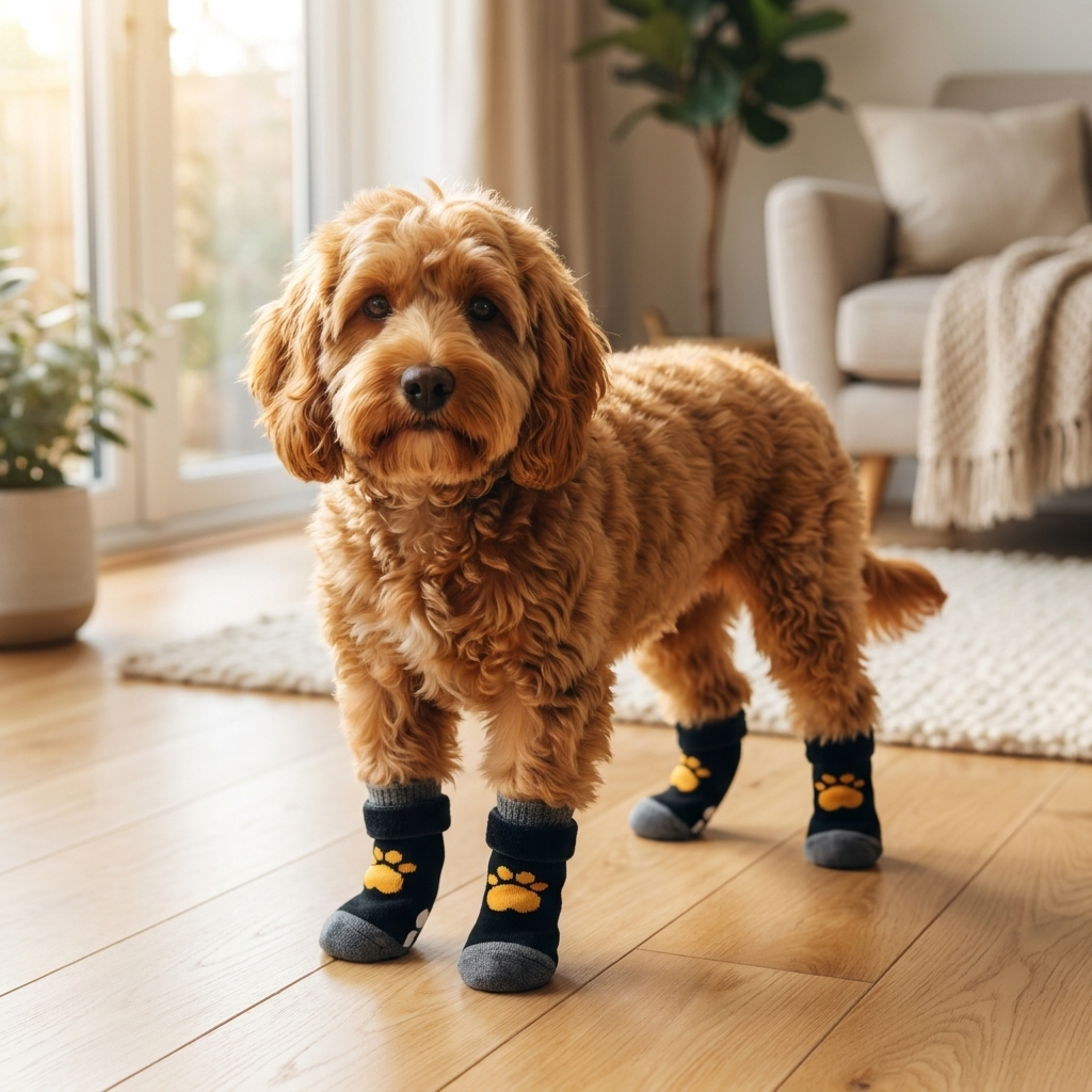 ScritchPets Anti-Slip Dog Socks on a dog at home