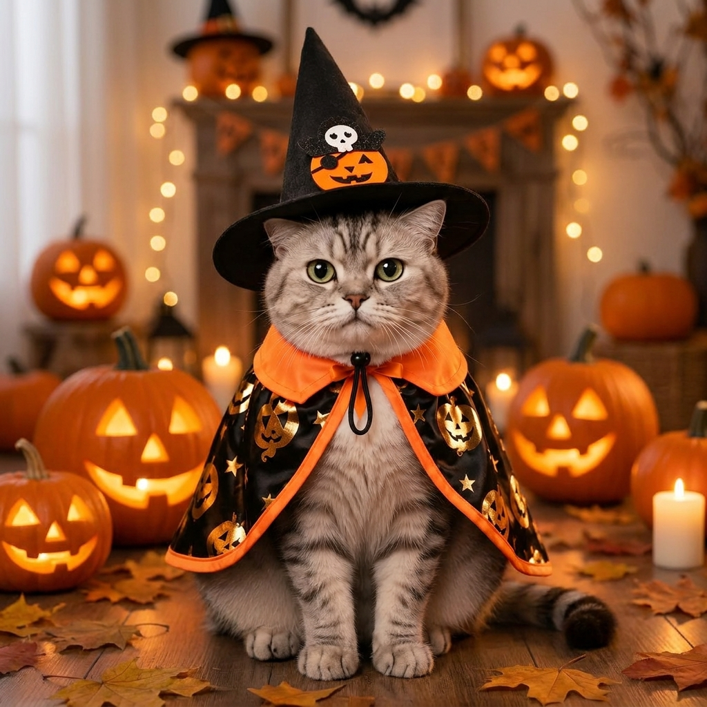 ScritchPets Halloween Cat Witch Hat & Cape Costume on a cat