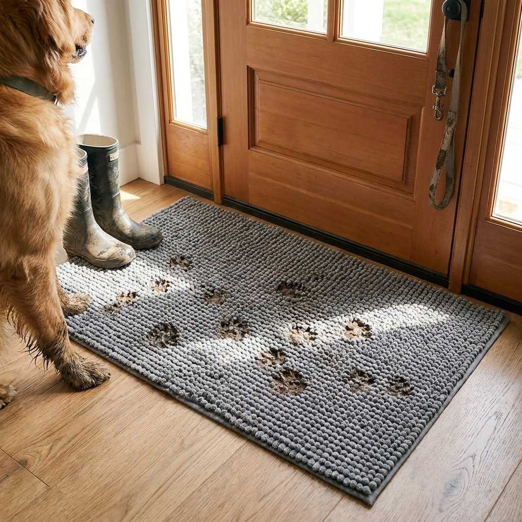 ScritchPets Messy Paws Doormat at a home entryway