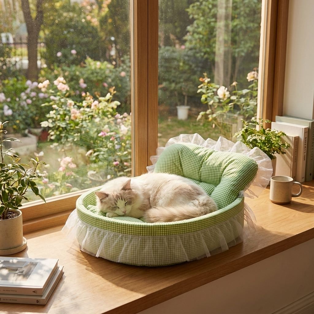 Cat resting in the ScritchPets Cosy Cat Nest Bed on a windowsill