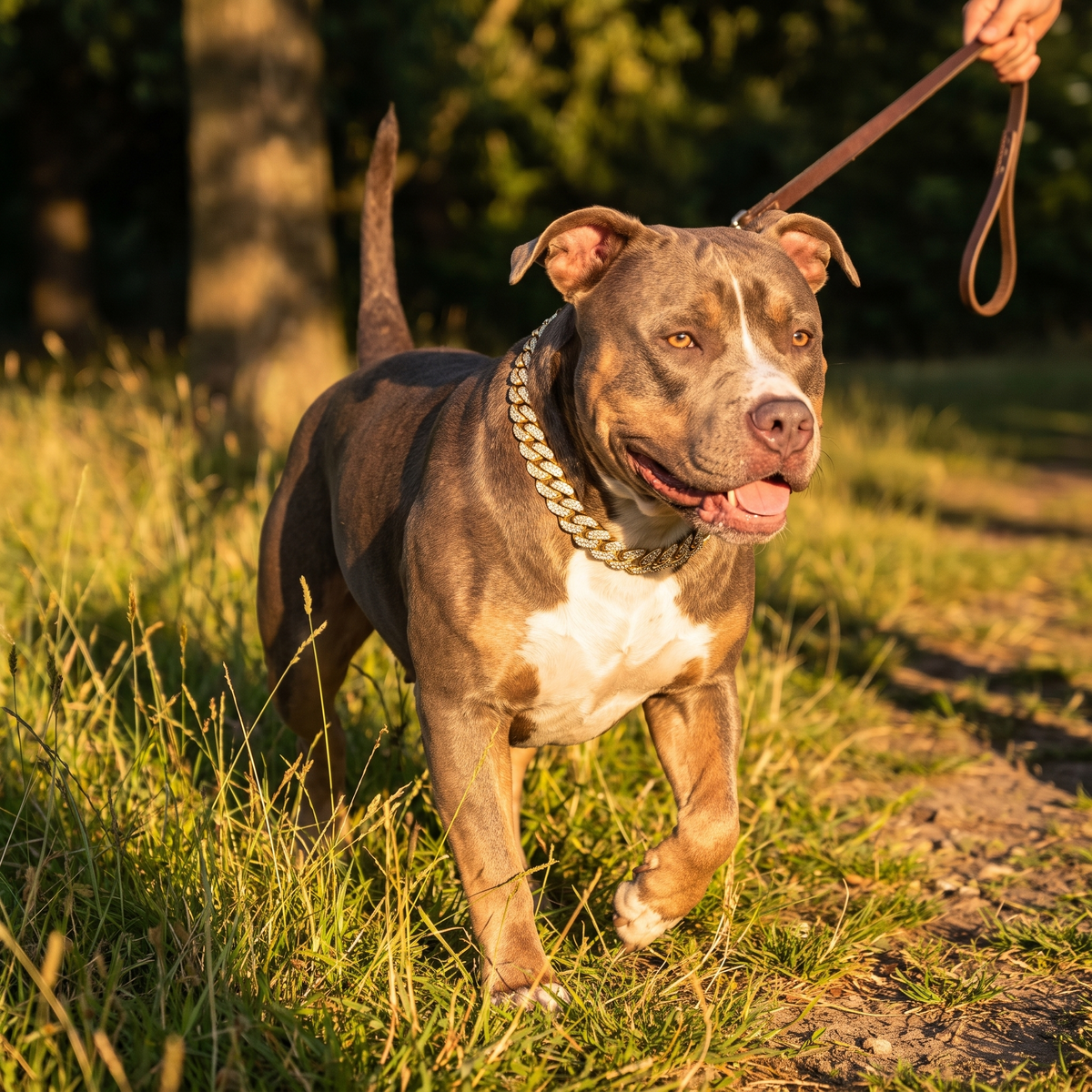 Dog wearing the ScritchPets Diamond Chain Pet Collar on a walk