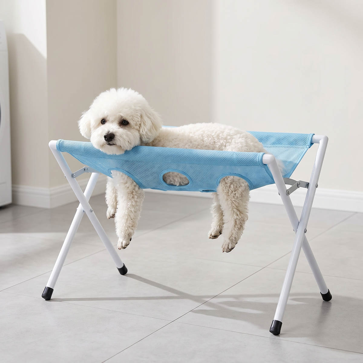 ScritchPets Foldable Pet Grooming Rack with a dog resting in the hammock