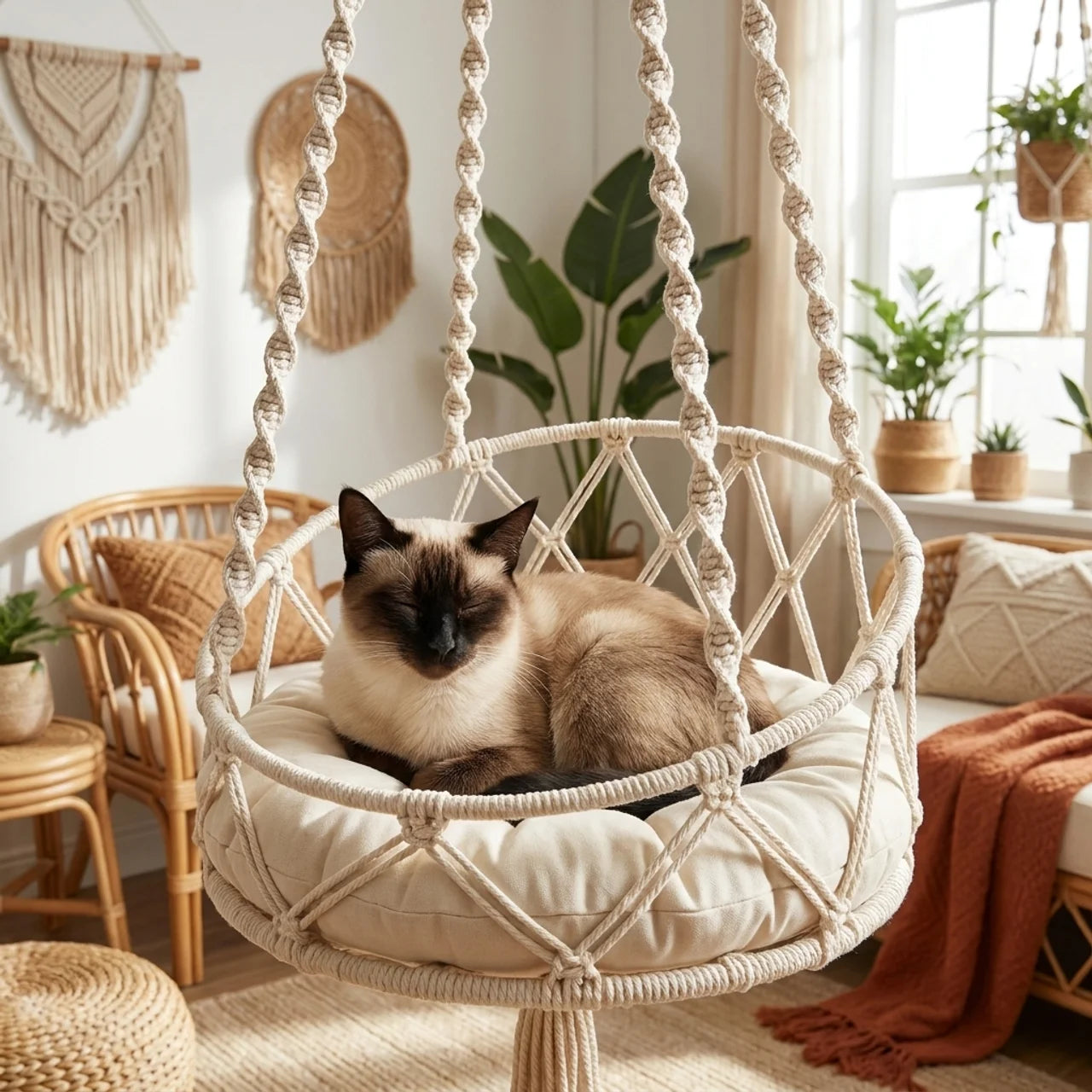 ScritchPets Macrame Hanging Cat Hammock with Cushion